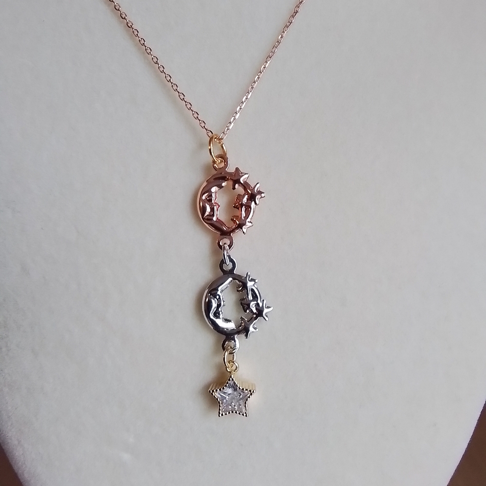 Elegant Star and Moon Tri Color Pendant Necklace